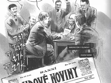 PONDĚLÍ 28. ŘÍJNA 1918 – NÁRODNÍ DŮM V OLOMOUCI – POZDNÍ VEČER. Stránka z komiksu Martina Šinkovského (scénář) a Ticho762 (Petr Novák, kresba) Budoucnost ve vlastních rukách (! – spr. rukou), UP v Olomouci 2018.